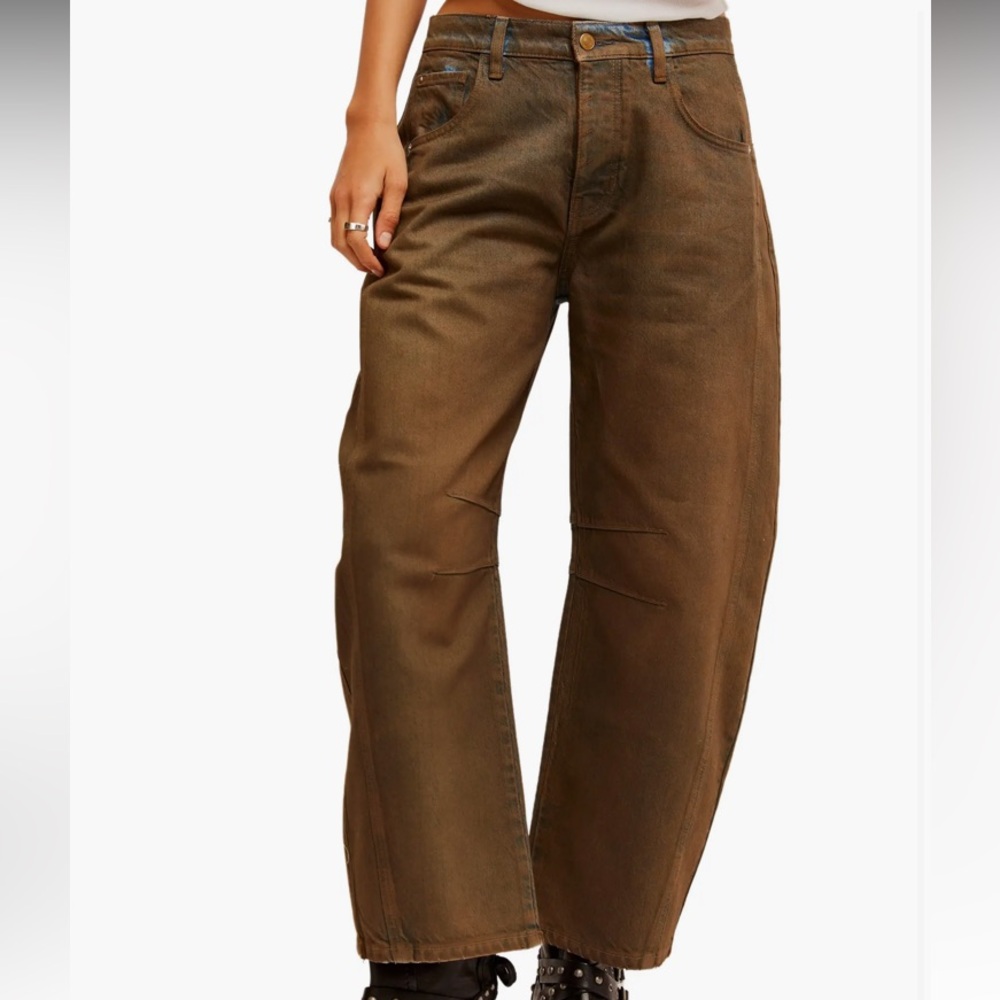 Free people Good luck coated brown high waist ankle barrel jeans - Picture 2 of 6